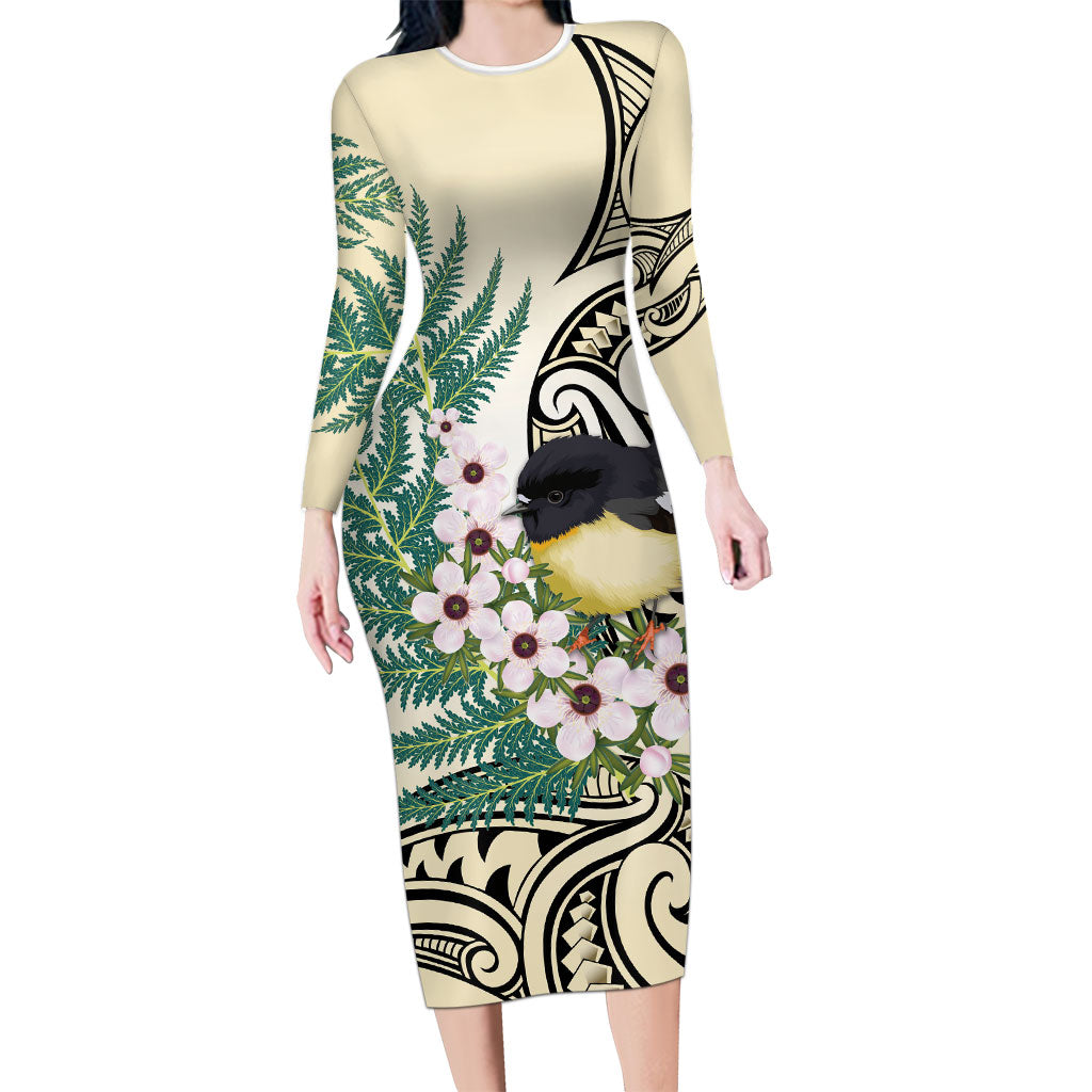Endemic Tomtit New Zealand Long Sleeve Bodycon Dress Miromiro Manuka Silver Fern Maori Pattern LT14 Long Dress Cream - Polynesian Pride
