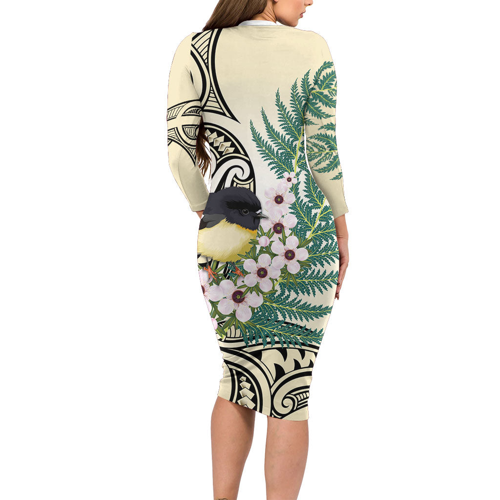 Endemic Tomtit New Zealand Long Sleeve Bodycon Dress Miromiro Manuka Silver Fern Maori Pattern LT14 - Polynesian Pride