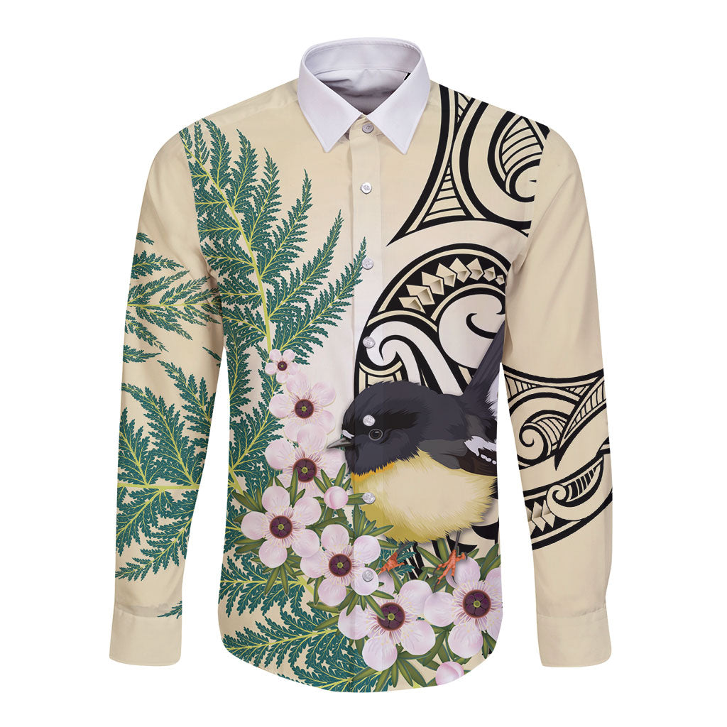 Endemic Tomtit New Zealand Long Sleeve Button Shirt Miromiro Manuka Silver Fern Maori Pattern