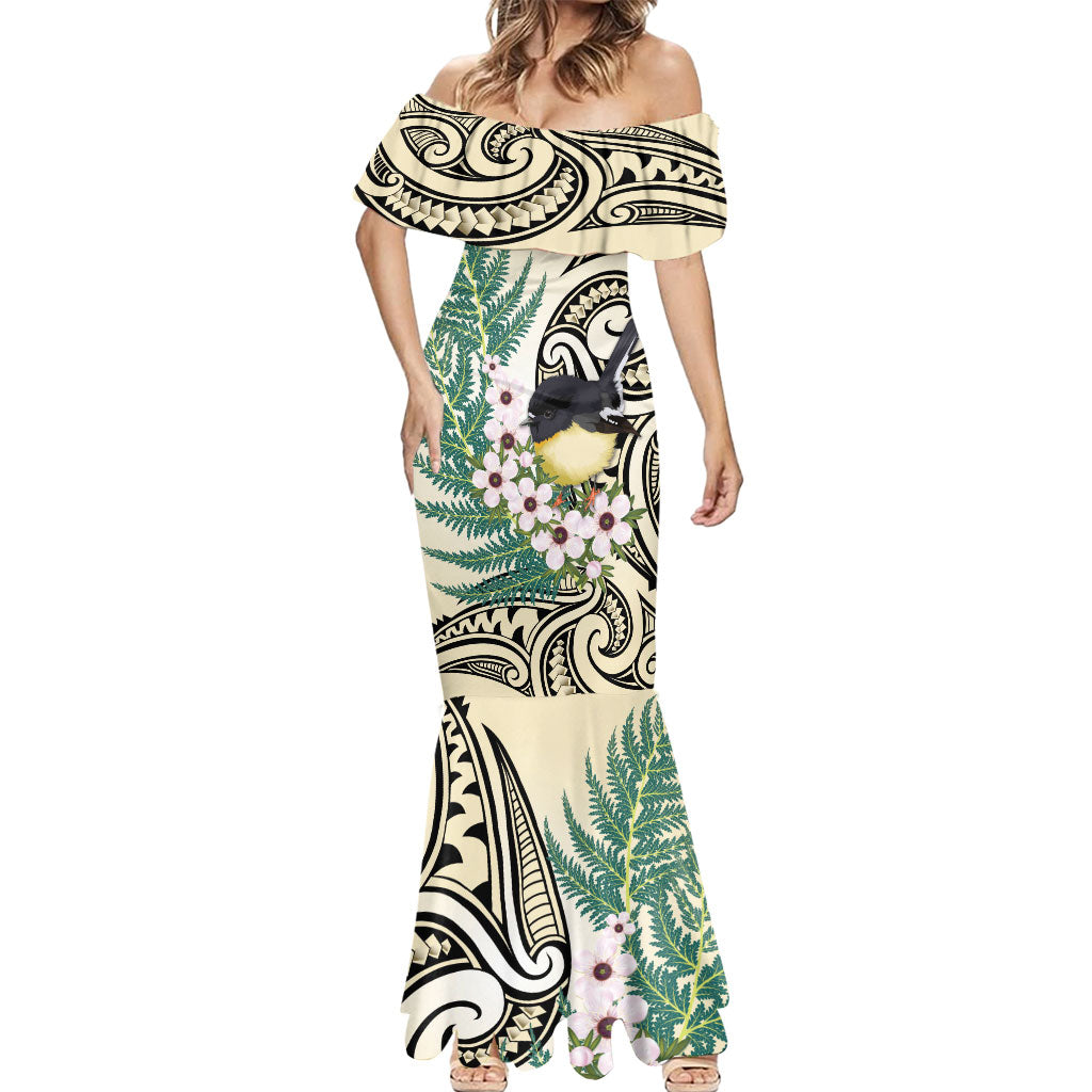 Endemic Tomtit New Zealand Mermaid Dress Miromiro Manuka Silver Fern Maori Pattern LT14 - Polynesian Pride