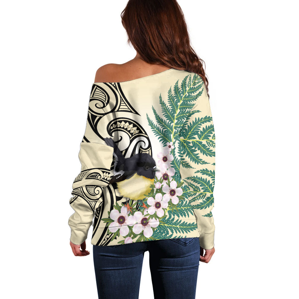 Endemic Tomtit New Zealand Off Shoulder Sweater Miromiro Manuka Silver Fern Maori Pattern