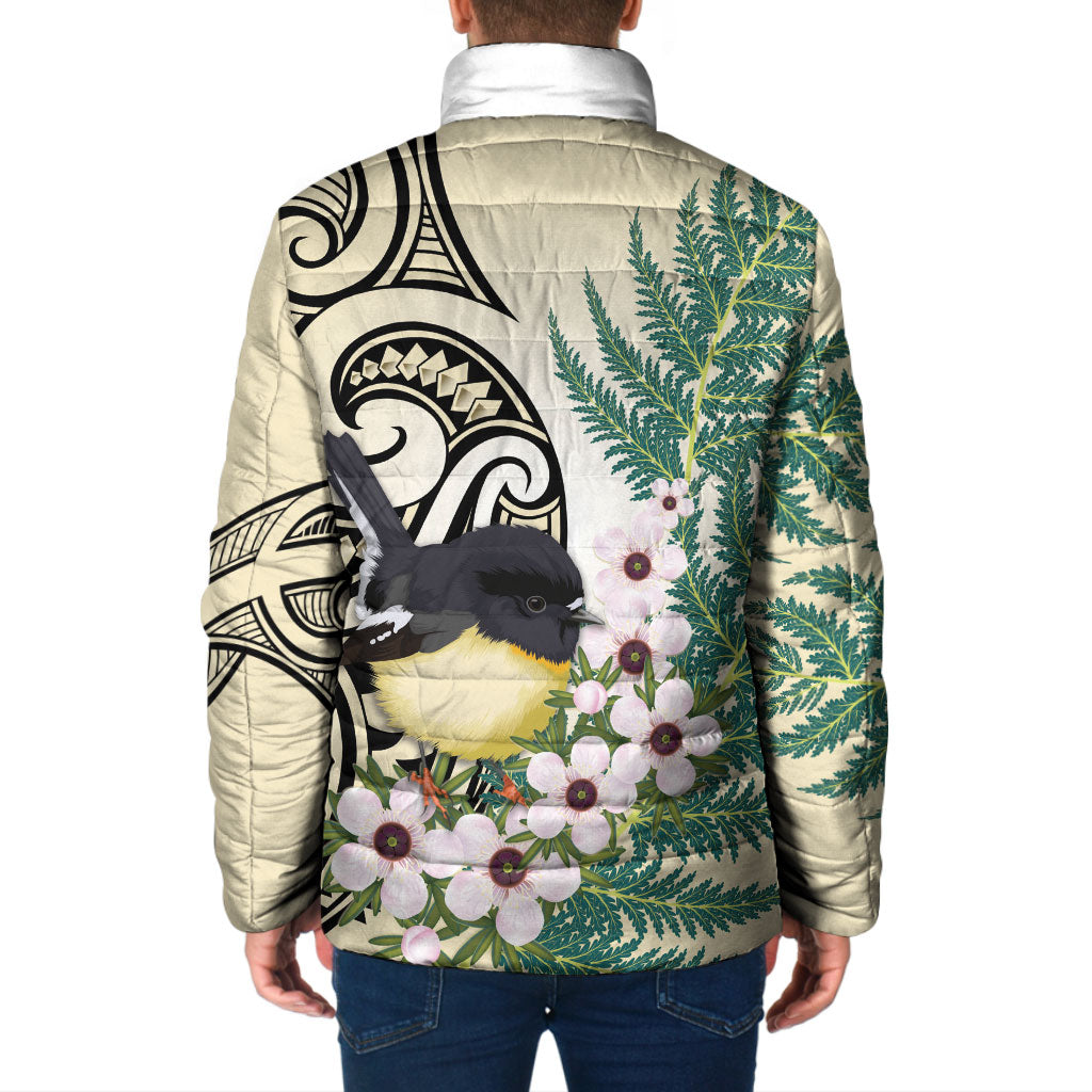Endemic Tomtit New Zealand Padded Jacket Miromiro Manuka Silver Fern Maori Pattern