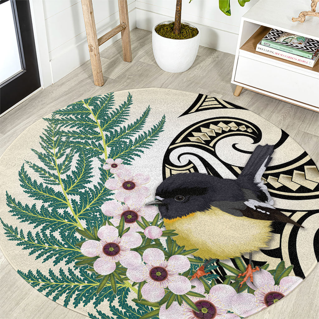Endemic Tomtit New Zealand Round Carpet Miromiro Manuka Silver Fern Maori Pattern LT14 Cream - Polynesian Pride