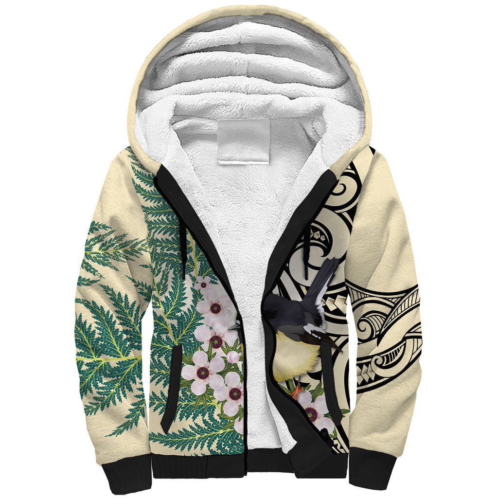 Endemic Tomtit New Zealand Sherpa Hoodie Miromiro Manuka Silver Fern Maori Pattern LT14 Unisex Cream - Polynesian Pride