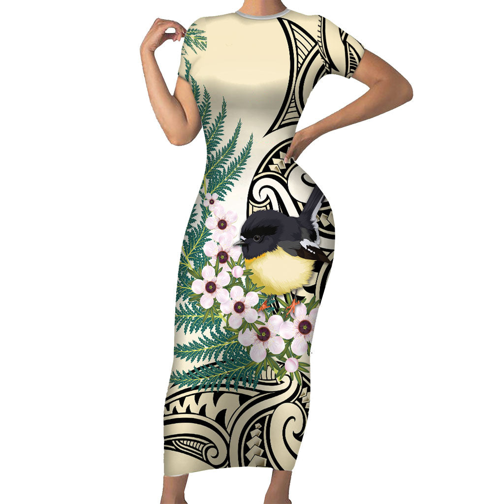 Endemic Tomtit New Zealand Short Sleeve Bodycon Dress Miromiro Manuka Silver Fern Maori Pattern LT14 Long Dress Cream - Polynesian Pride