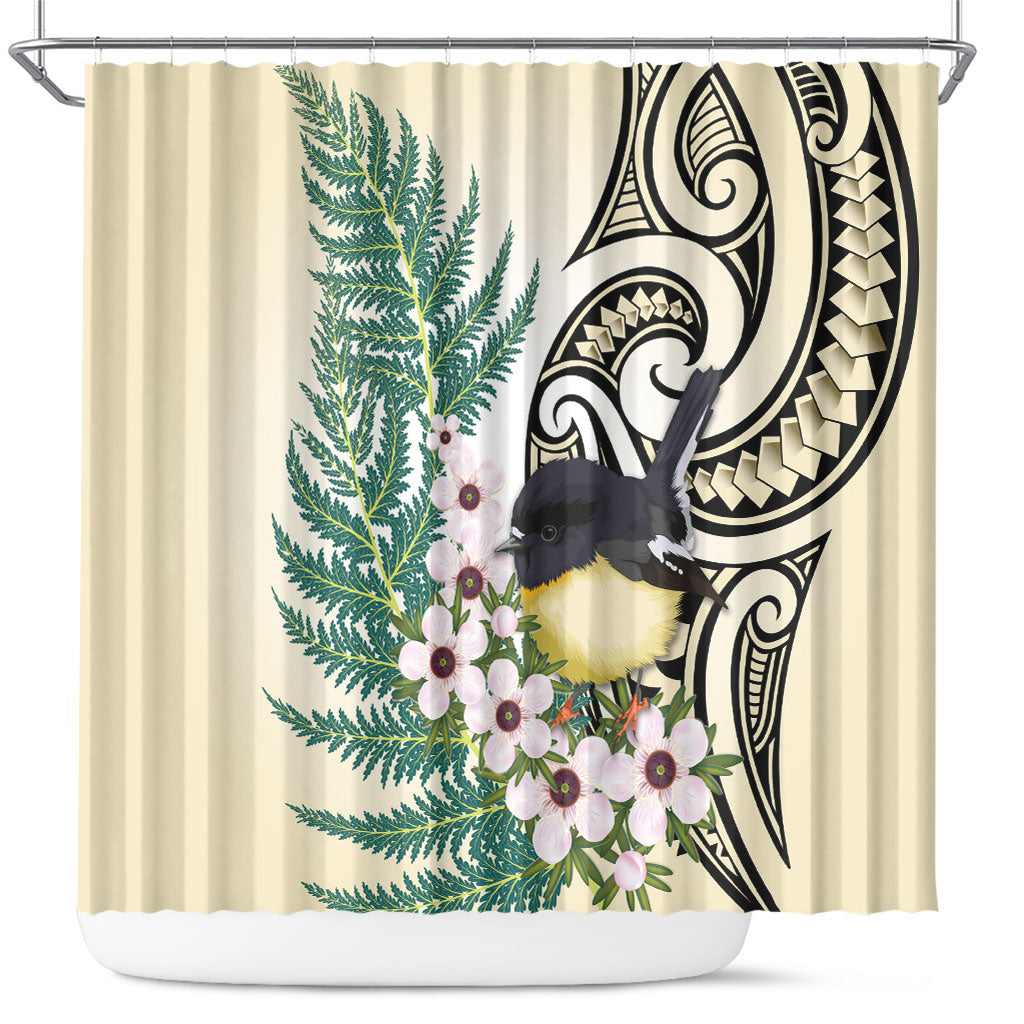Endemic Tomtit New Zealand Shower Curtain Miromiro Manuka Silver Fern Maori Pattern