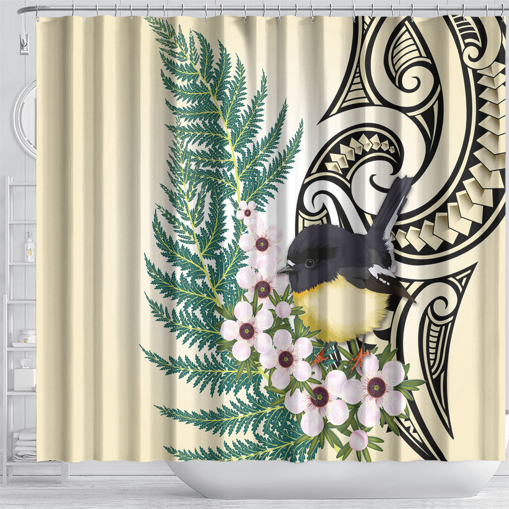 Endemic Tomtit New Zealand Shower Curtain Miromiro Manuka Silver Fern Maori Pattern