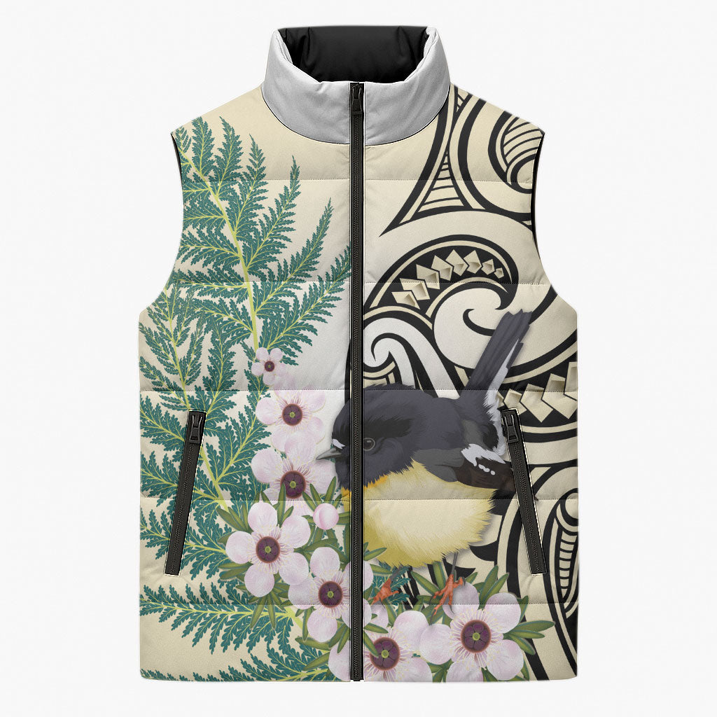 Endemic Tomtit New Zealand Sleeveless Puffer Jacket Miromiro Manuka Silver Fern Maori Pattern LT14 Unisex Cream - Polynesian Pride