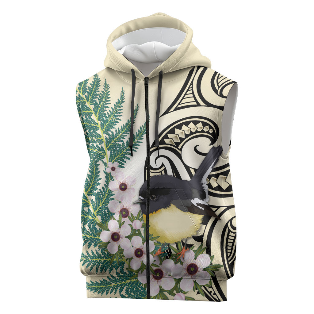 Endemic Tomtit New Zealand Sleeveless Zip Hoodie Miromiro Manuka Silver Fern Maori Pattern LT14 Cream - Polynesian Pride