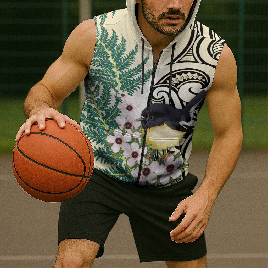 Endemic Tomtit New Zealand Sleeveless Zip Hoodie Miromiro Manuka Silver Fern Maori Pattern LT14 - Polynesian Pride