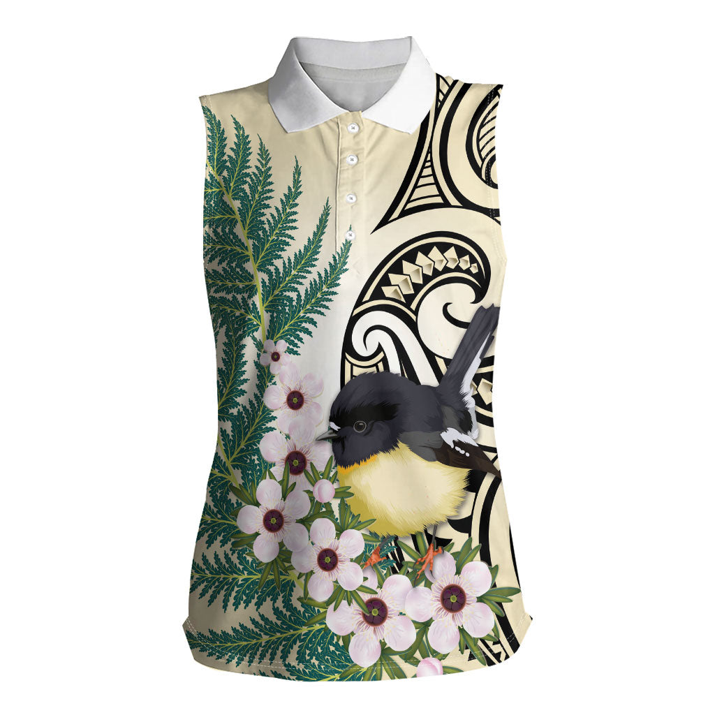 Endemic Tomtit New Zealand Women Sleeveless Polo Shirt Miromiro Manuka Silver Fern Maori Pattern LT14 Female Cream - Polynesian Pride