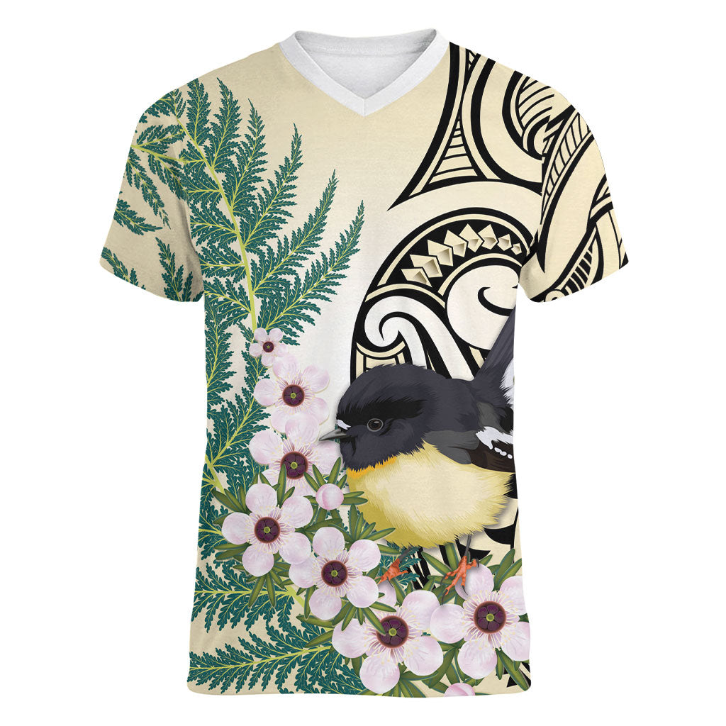 Endemic Tomtit New Zealand Women V-Neck T-Shirt Miromiro Manuka Silver Fern Maori Pattern LT14 Female Cream - Polynesian Pride
