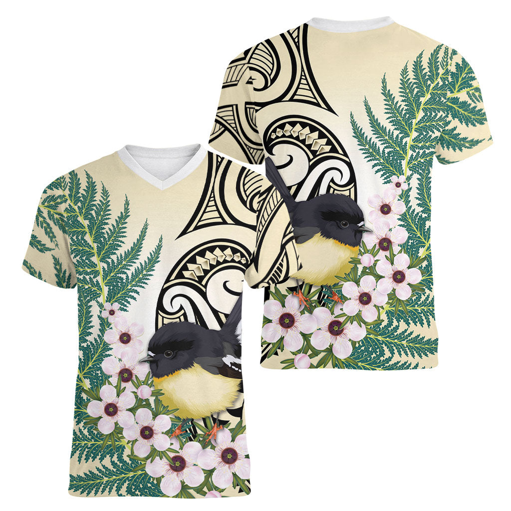 Endemic Tomtit New Zealand Women V-Neck T-Shirt Miromiro Manuka Silver Fern Maori Pattern LT14 - Polynesian Pride