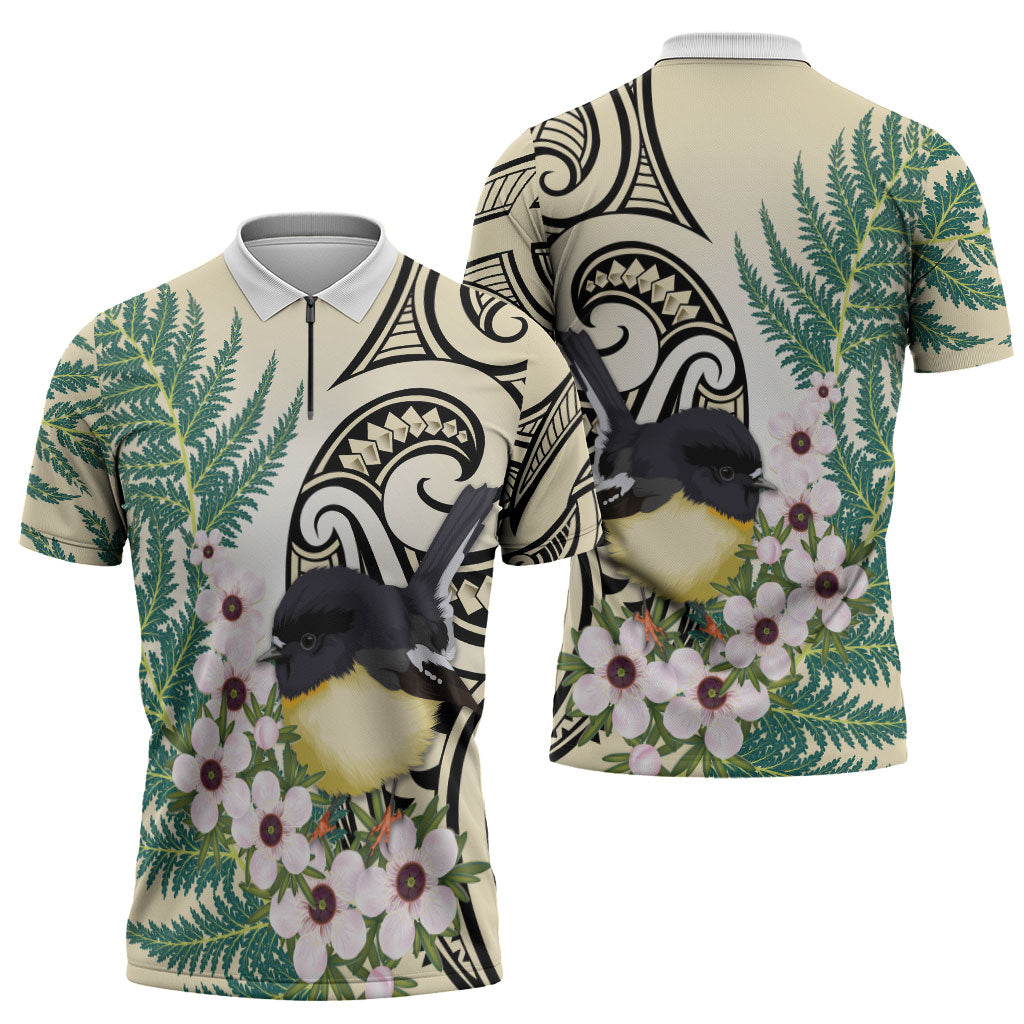 Endemic Tomtit New Zealand Zipper Polo Shirt Miromiro Manuka Silver Fern Maori Pattern LT14 - Polynesian Pride