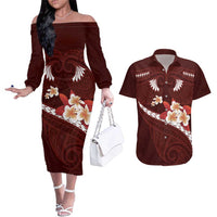 Oxblood Polynesia Couples Matching Off The Shoulder Long Sleeve Dress and Hawaiian Shirt Tribal Pattern Tropical Frangipani LT14 Oxblood - Polynesian Pride