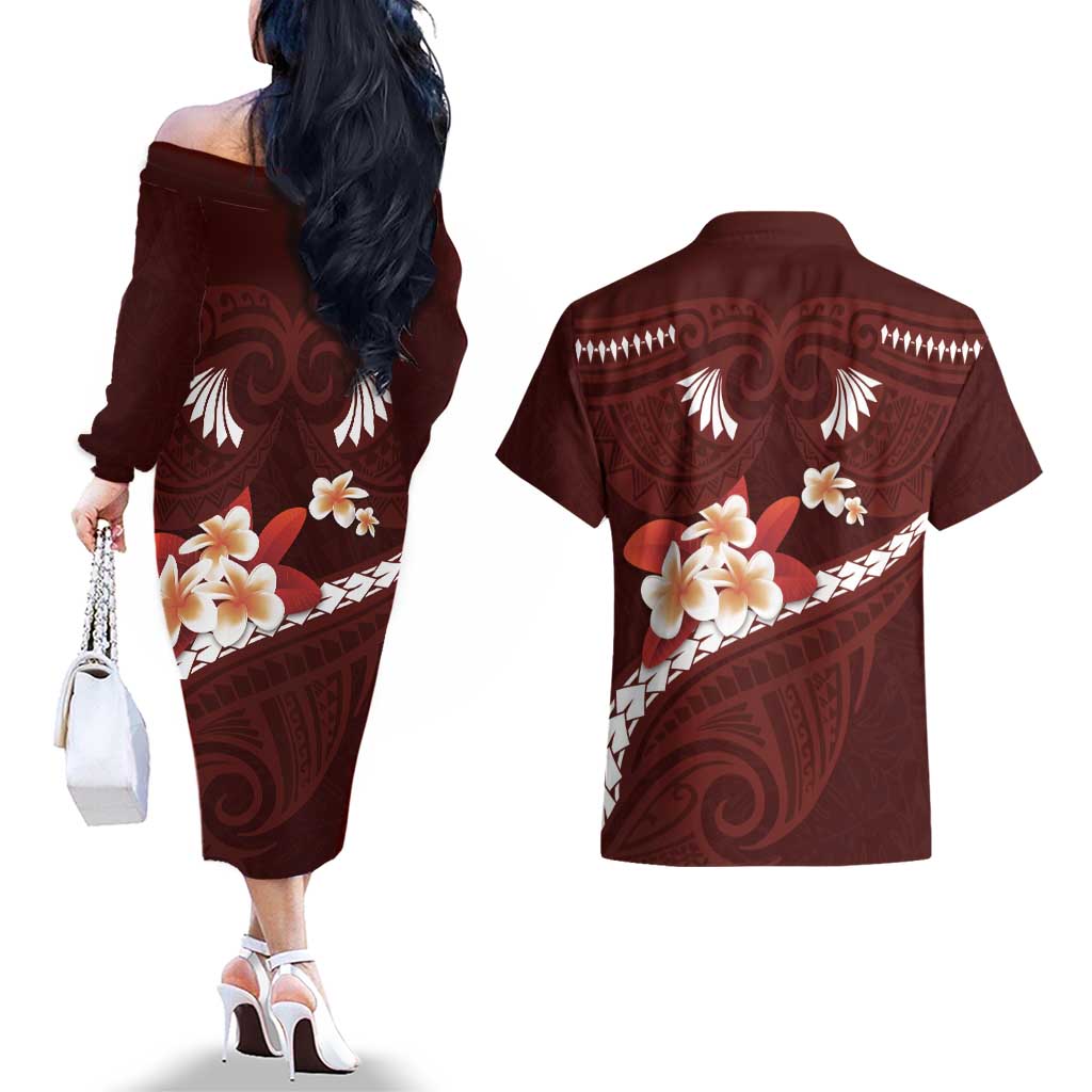 Oxblood Polynesia Couples Matching Off The Shoulder Long Sleeve Dress and Hawaiian Shirt Tribal Pattern Tropical Frangipani LT14 - Polynesian Pride