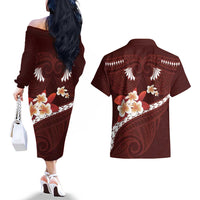 Oxblood Polynesia Couples Matching Off The Shoulder Long Sleeve Dress and Hawaiian Shirt Tribal Pattern Tropical Frangipani LT14 - Polynesian Pride
