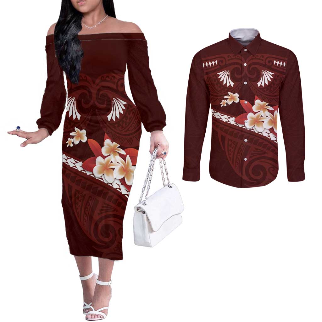 Oxblood Polynesia Couples Matching Off The Shoulder Long Sleeve Dress and Long Sleeve Button Shirt Tribal Pattern Tropical Frangipani