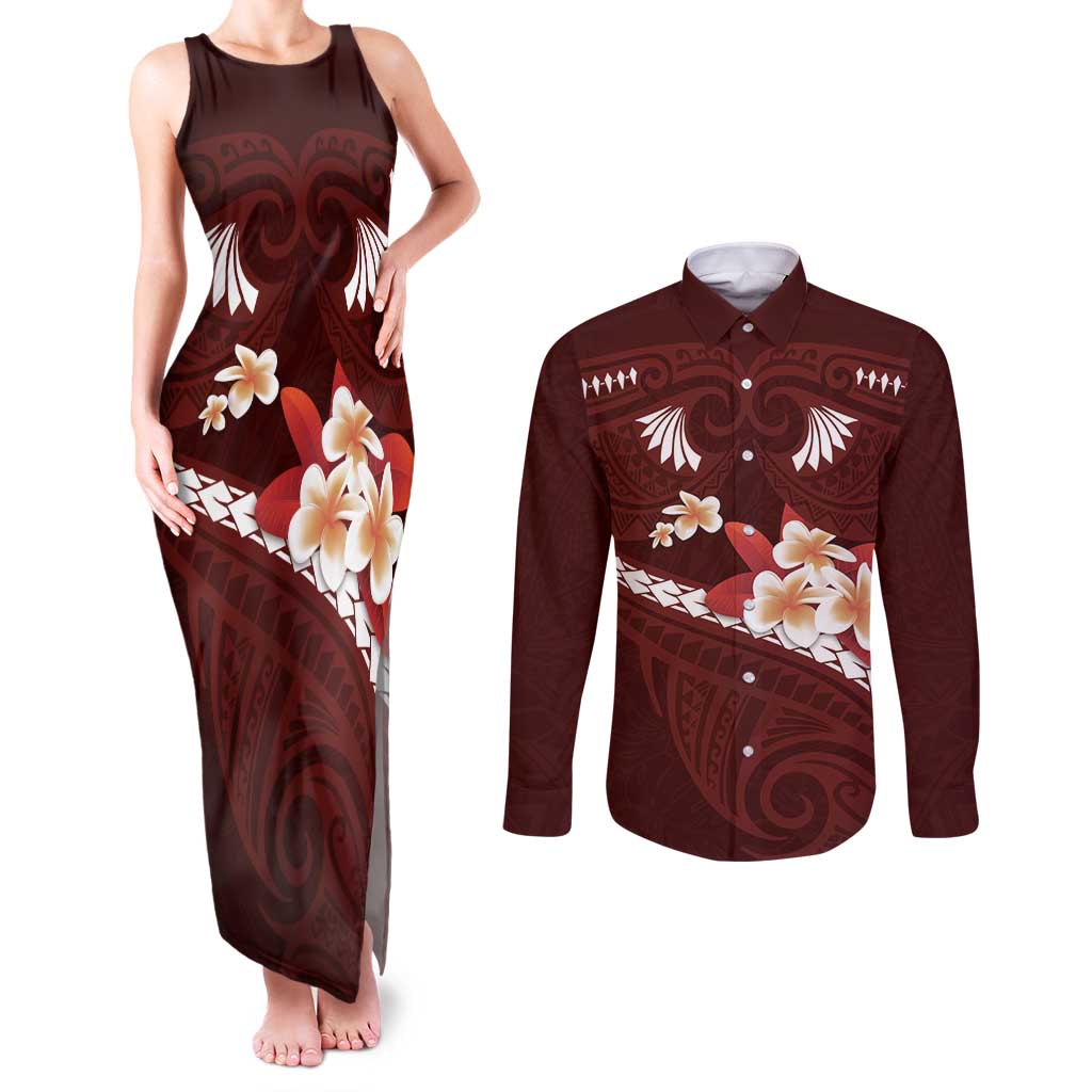 Oxblood Polynesia Couples Matching Tank Maxi Dress and Long Sleeve Button Shirt Tribal Pattern Tropical Frangipani LT14 Oxblood - Polynesian Pride