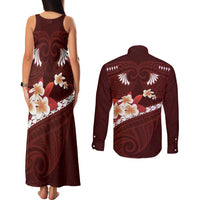 Oxblood Polynesia Couples Matching Tank Maxi Dress and Long Sleeve Button Shirt Tribal Pattern Tropical Frangipani LT14 - Polynesian Pride