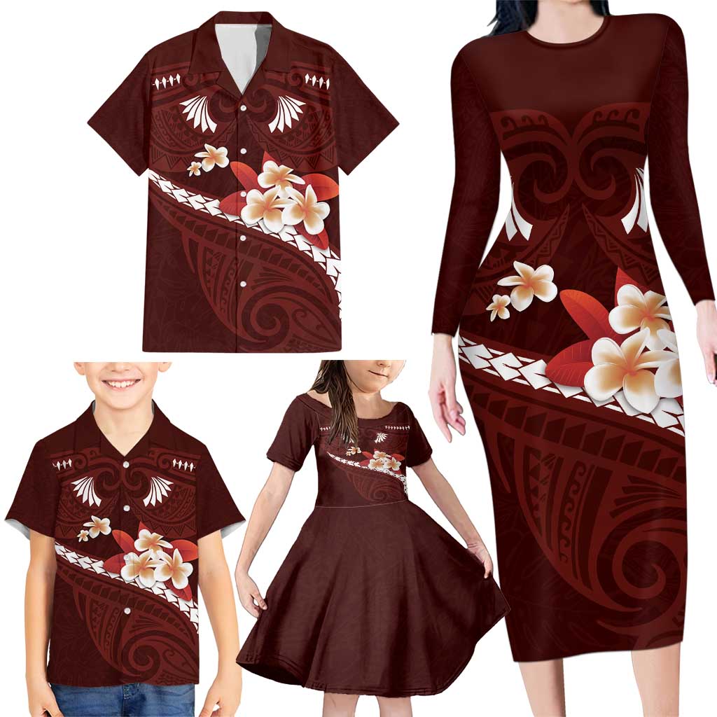 Oxblood Polynesia Family Matching Long Sleeve Bodycon Dress and Hawaiian Shirt Tribal Pattern Tropical Frangipani LT14 - Polynesian Pride