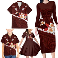 Oxblood Polynesia Family Matching Long Sleeve Bodycon Dress and Hawaiian Shirt Tribal Pattern Tropical Frangipani LT14 - Polynesian Pride