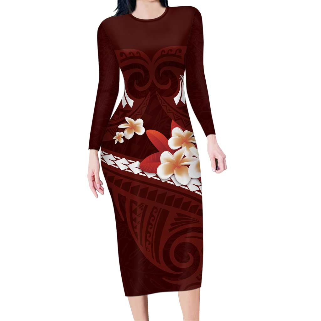 Oxblood Polynesia Family Matching Long Sleeve Bodycon Dress and Hawaiian Shirt Tribal Pattern Tropical Frangipani LT14 Mom's Dress Oxblood - Polynesian Pride