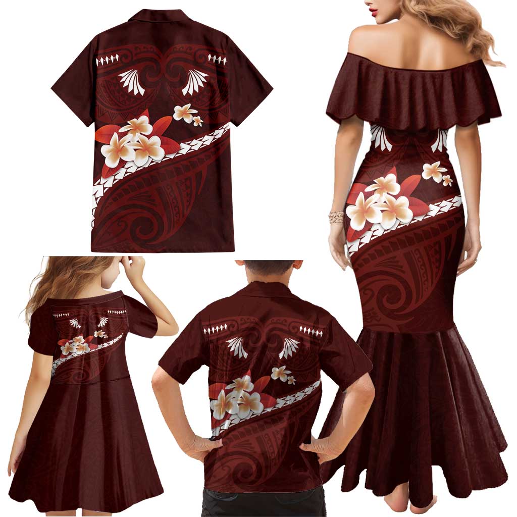 Oxblood Polynesia Family Matching Mermaid Dress and Hawaiian Shirt Tribal Pattern Tropical Frangipani LT14 - Polynesian Pride