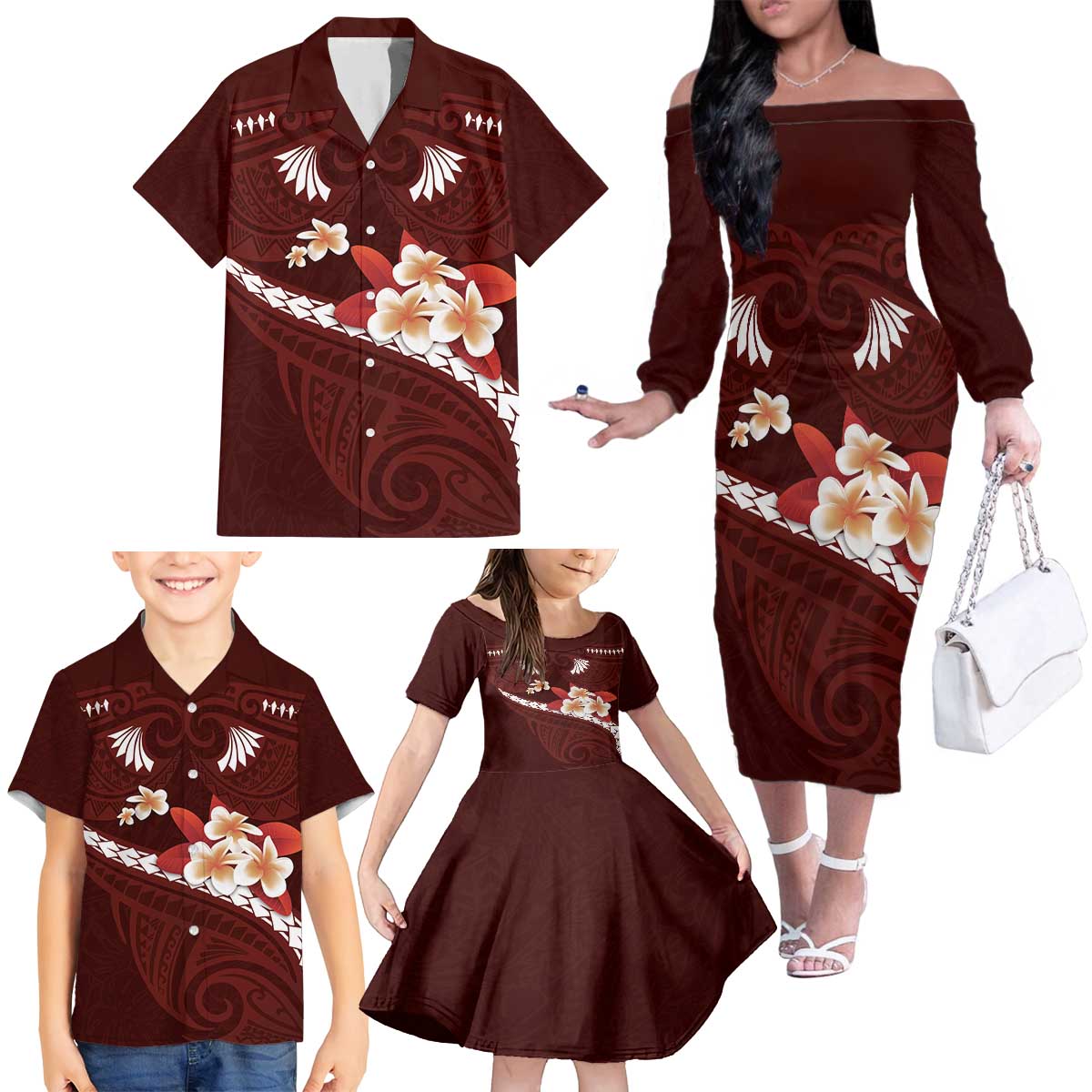 Oxblood Polynesia Family Matching Off The Shoulder Long Sleeve Dress and Hawaiian Shirt Tribal Pattern Tropical Frangipani LT14 - Polynesian Pride