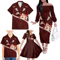 Oxblood Polynesia Family Matching Off The Shoulder Long Sleeve Dress and Hawaiian Shirt Tribal Pattern Tropical Frangipani LT14 - Polynesian Pride
