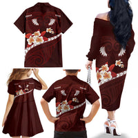 Oxblood Polynesia Family Matching Off The Shoulder Long Sleeve Dress and Hawaiian Shirt Tribal Pattern Tropical Frangipani LT14 - Polynesian Pride