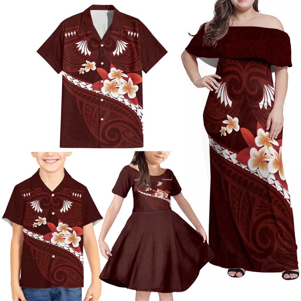 Oxblood Polynesia Family Matching Off Shoulder Maxi Dress and Hawaiian Shirt Tribal Pattern Tropical Frangipani LT14 - Polynesian Pride