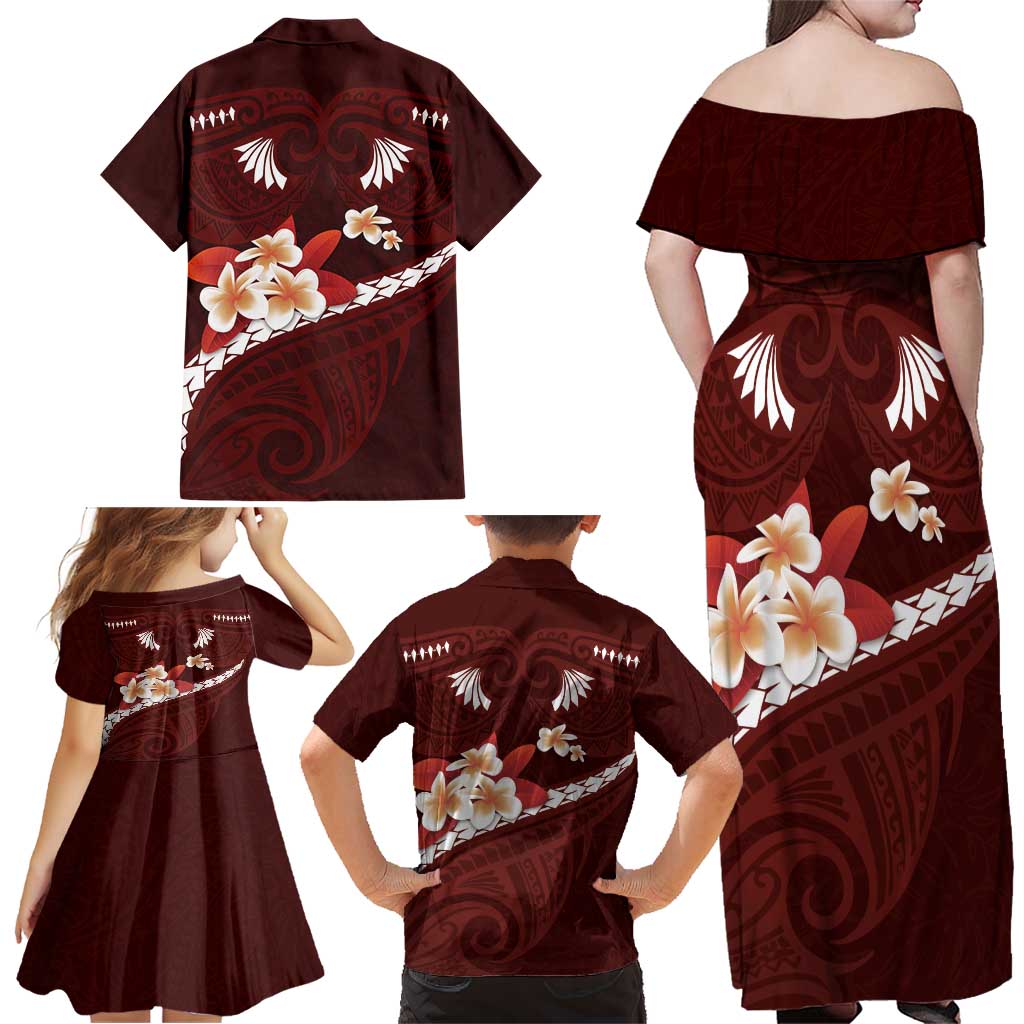 Oxblood Polynesia Family Matching Off Shoulder Maxi Dress and Hawaiian Shirt Tribal Pattern Tropical Frangipani LT14 - Polynesian Pride