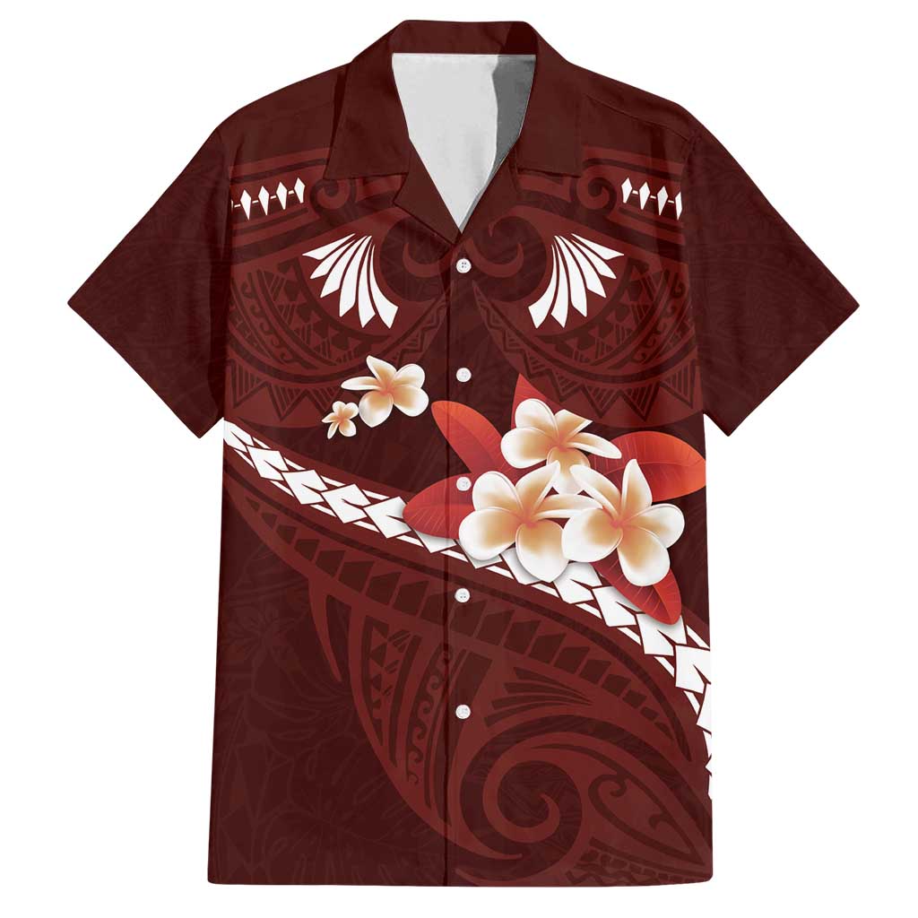 Oxblood Polynesia Family Matching Off Shoulder Maxi Dress and Hawaiian Shirt Tribal Pattern Tropical Frangipani LT14 Dad's Shirt - Short Sleeve Oxblood - Polynesian Pride