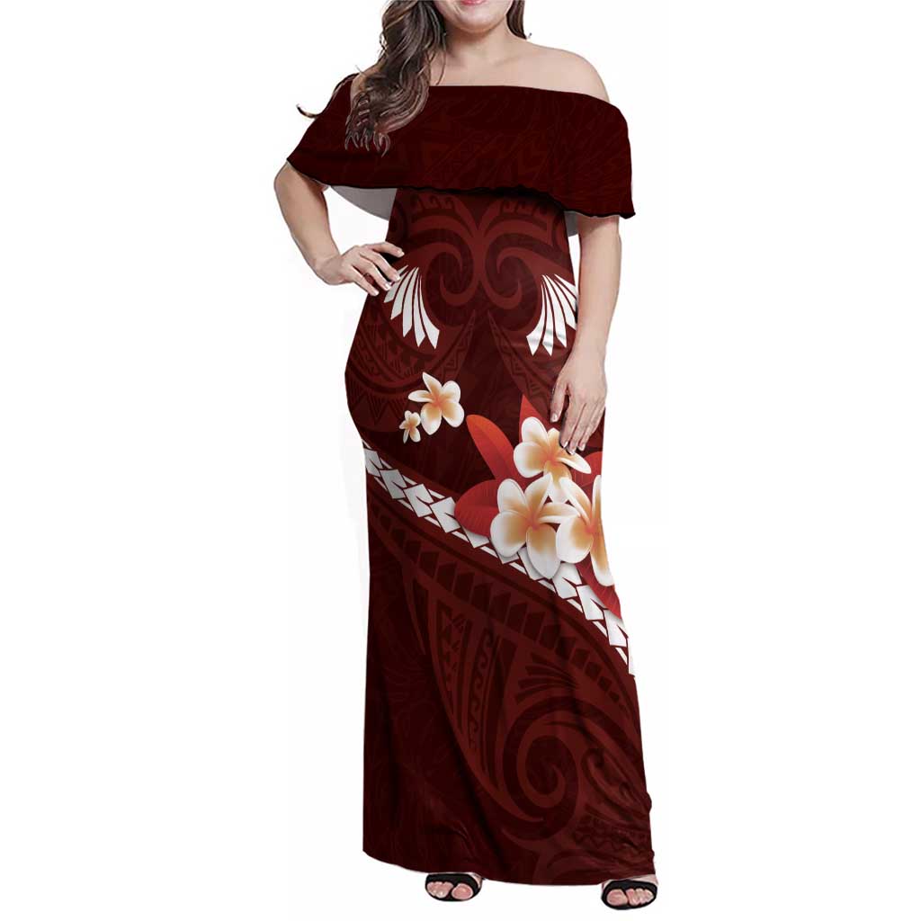 Oxblood Polynesia Family Matching Off Shoulder Maxi Dress and Hawaiian Shirt Tribal Pattern Tropical Frangipani LT14 Mom's Dress Oxblood - Polynesian Pride