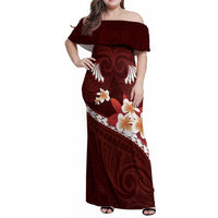 Oxblood Polynesia Family Matching Off Shoulder Maxi Dress and Hawaiian Shirt Tribal Pattern Tropical Frangipani LT14 Mom's Dress Oxblood - Polynesian Pride