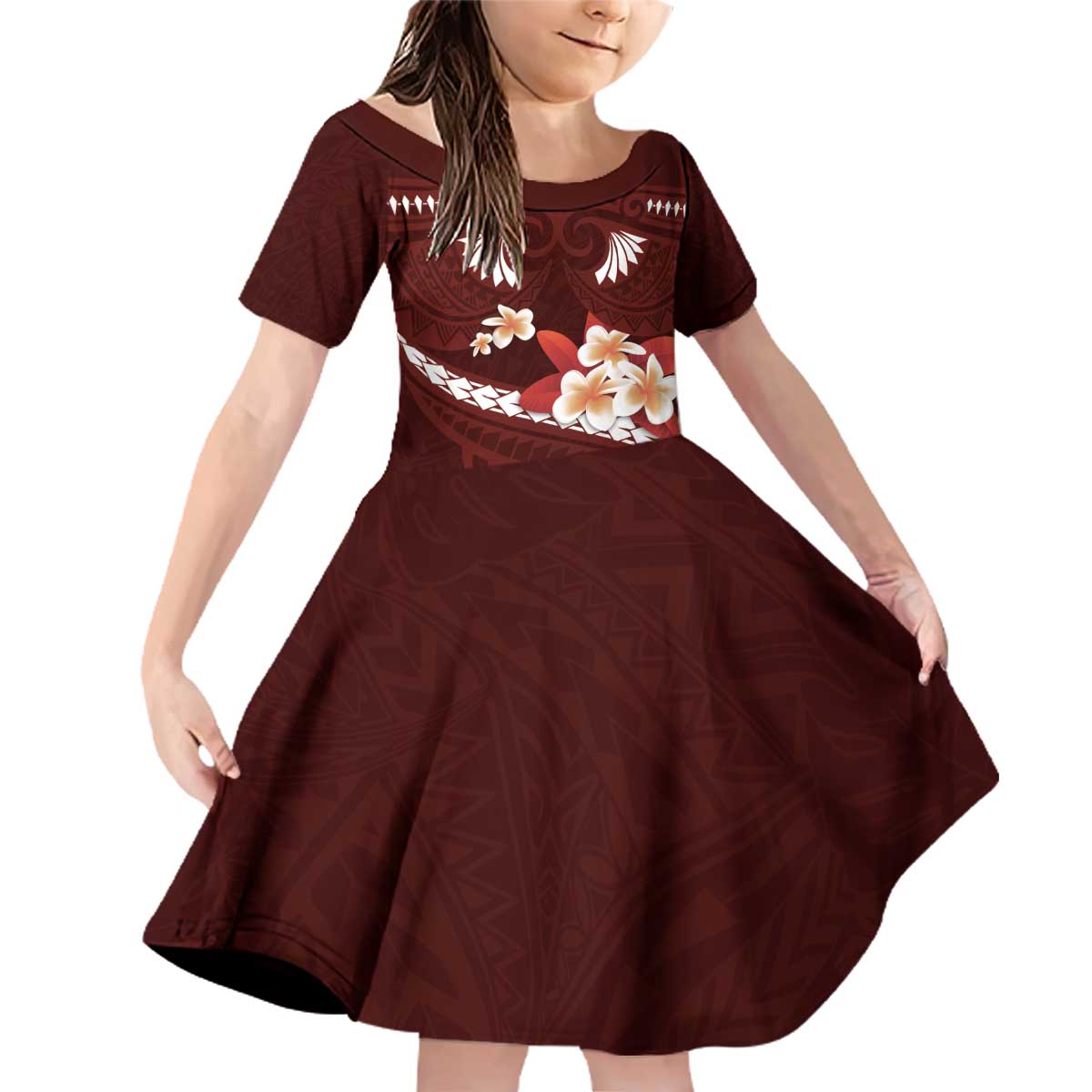 Oxblood Polynesia Family Matching Off Shoulder Short Dress and Hawaiian Shirt Tribal Pattern Tropical Frangipani LT14 Daughter's Dress Oxblood - Polynesian Pride