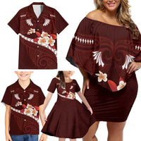 Oxblood Polynesia Family Matching Off Shoulder Short Dress and Hawaiian Shirt Tribal Pattern Tropical Frangipani LT14 - Polynesian Pride