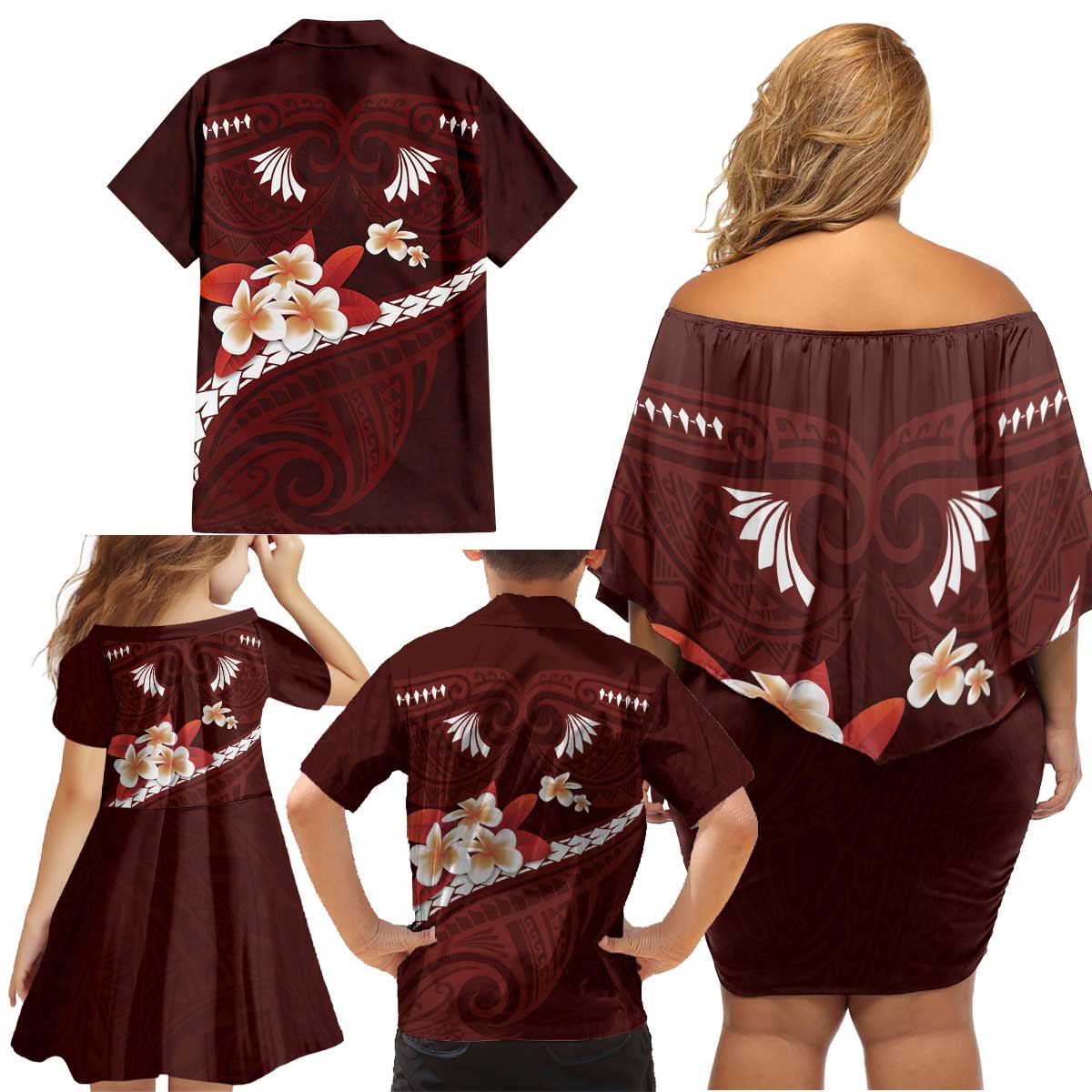Oxblood Polynesia Family Matching Off Shoulder Short Dress and Hawaiian Shirt Tribal Pattern Tropical Frangipani LT14 - Polynesian Pride