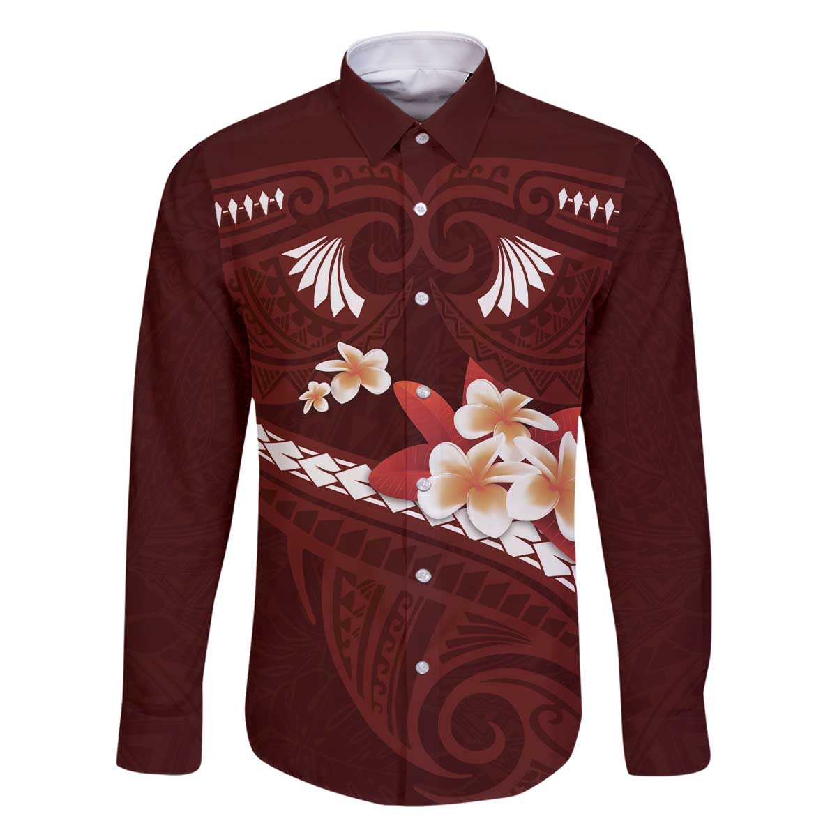 Oxblood Polynesia Family Matching Off Shoulder Short Dress and Hawaiian Shirt Tribal Pattern Tropical Frangipani LT14 Dad's Shirt - Long Sleeve Oxblood - Polynesian Pride