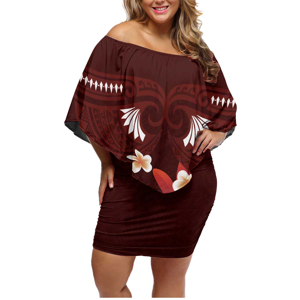 Oxblood Polynesia Family Matching Off Shoulder Short Dress and Hawaiian Shirt Tribal Pattern Tropical Frangipani LT14 Mom's Dress Oxblood - Polynesian Pride