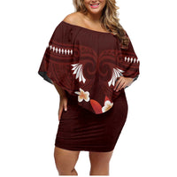 Oxblood Polynesia Family Matching Off Shoulder Short Dress and Hawaiian Shirt Tribal Pattern Tropical Frangipani LT14 Mom's Dress Oxblood - Polynesian Pride