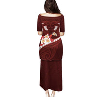 Oxblood Polynesia Family Matching Puletasi and Hawaiian Shirt Tribal Pattern Tropical Frangipani