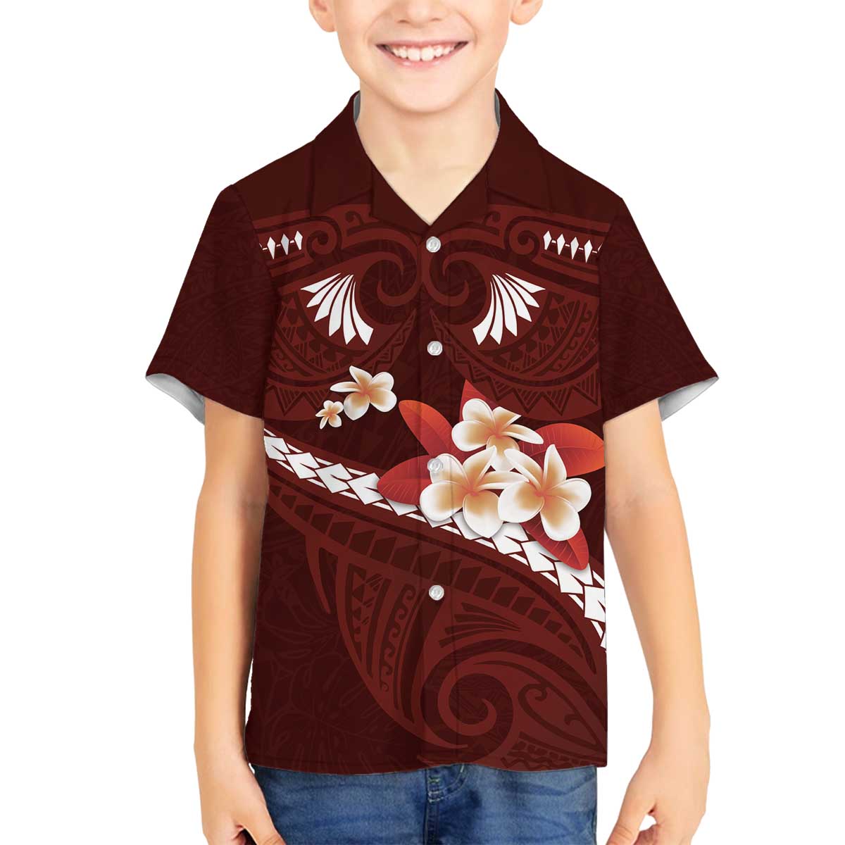 Oxblood Polynesia Family Matching Puletasi and Hawaiian Shirt Tribal Pattern Tropical Frangipani