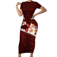 Oxblood Polynesia Family Matching Short Sleeve Bodycon Dress and Hawaiian Shirt Tribal Pattern Tropical Frangipani LT14 Mom's Dress Oxblood - Polynesian Pride