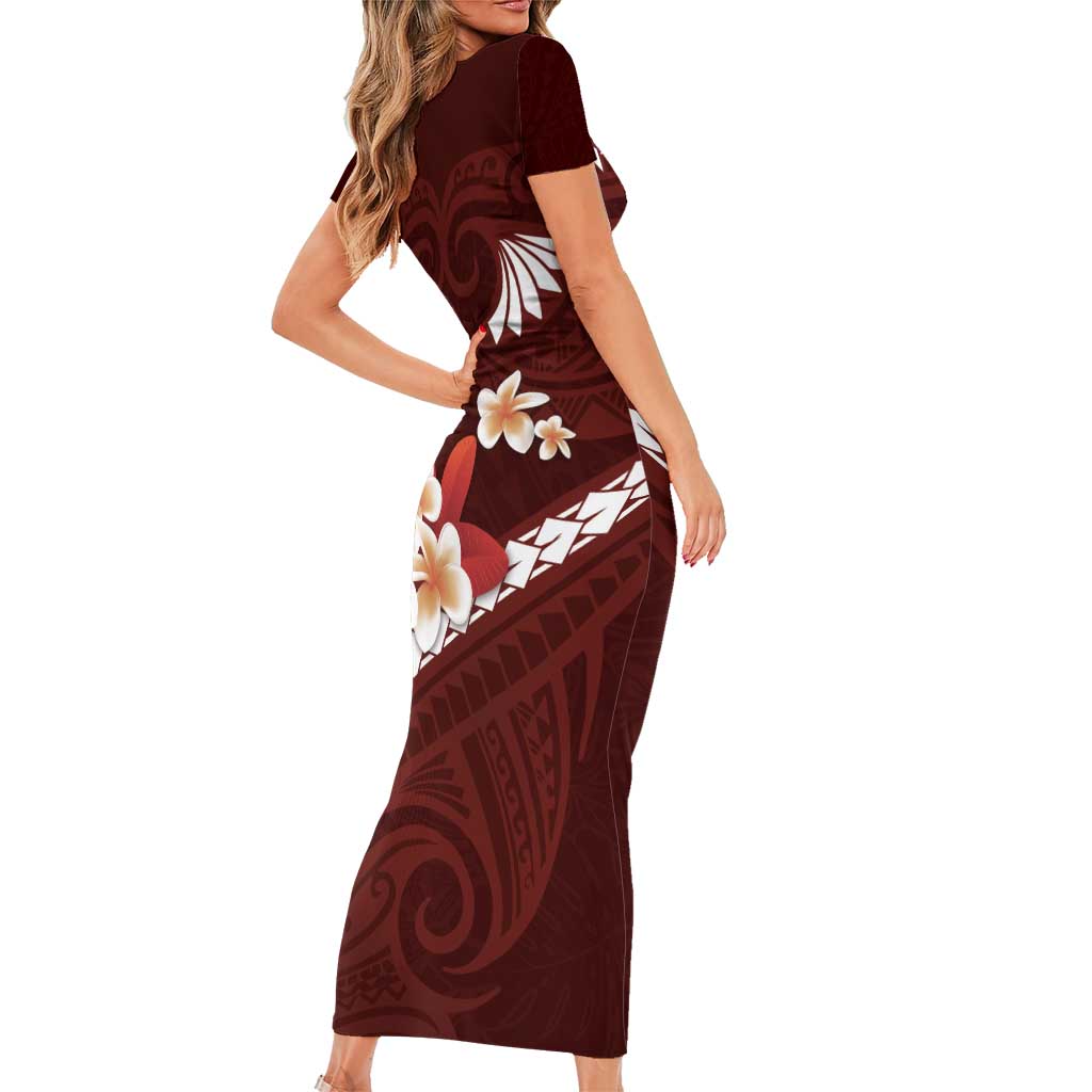 Oxblood Polynesia Family Matching Short Sleeve Bodycon Dress and Hawaiian Shirt Tribal Pattern Tropical Frangipani LT14 - Polynesian Pride