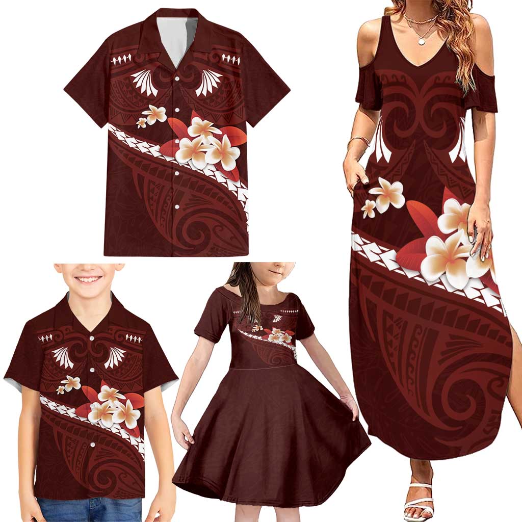 Oxblood Polynesia Family Matching Summer Maxi Dress and Hawaiian Shirt Tribal Pattern Tropical Frangipani LT14 - Polynesian Pride