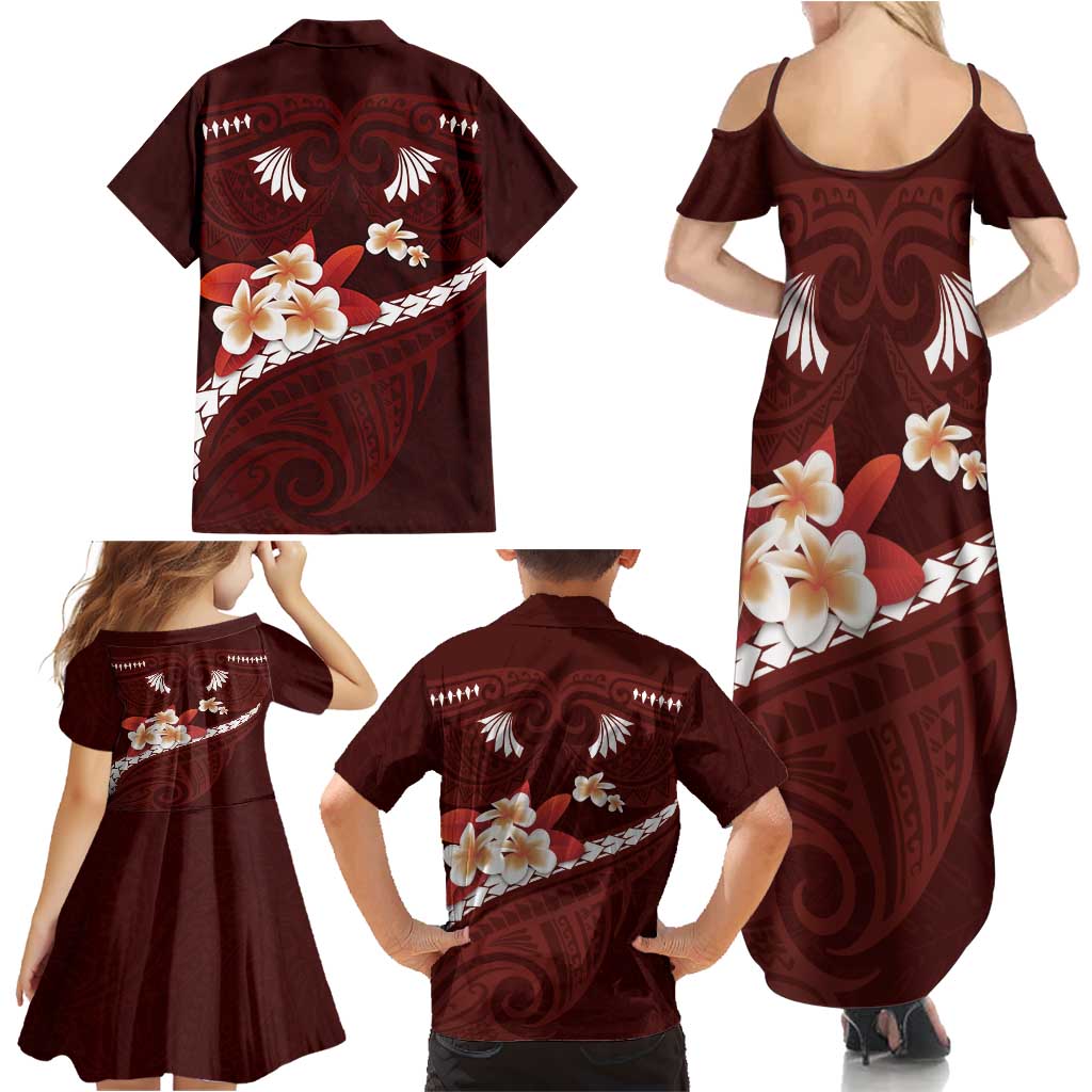 Oxblood Polynesia Family Matching Summer Maxi Dress and Hawaiian Shirt Tribal Pattern Tropical Frangipani LT14 - Polynesian Pride