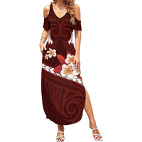 Oxblood Polynesia Family Matching Summer Maxi Dress and Hawaiian Shirt Tribal Pattern Tropical Frangipani LT14 Mom's Dress Oxblood - Polynesian Pride