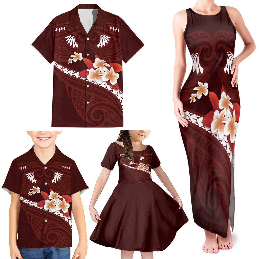 Oxblood Polynesia Family Matching Tank Maxi Dress and Hawaiian Shirt Tribal Pattern Tropical Frangipani LT14 - Polynesian Pride